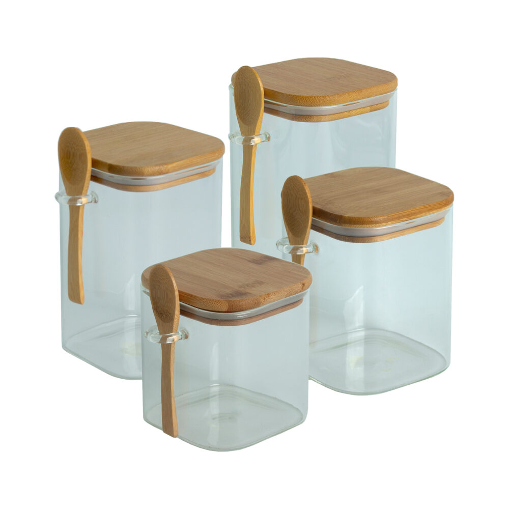 Bamboo Wooden Lid Glass Container - Square With Spoon