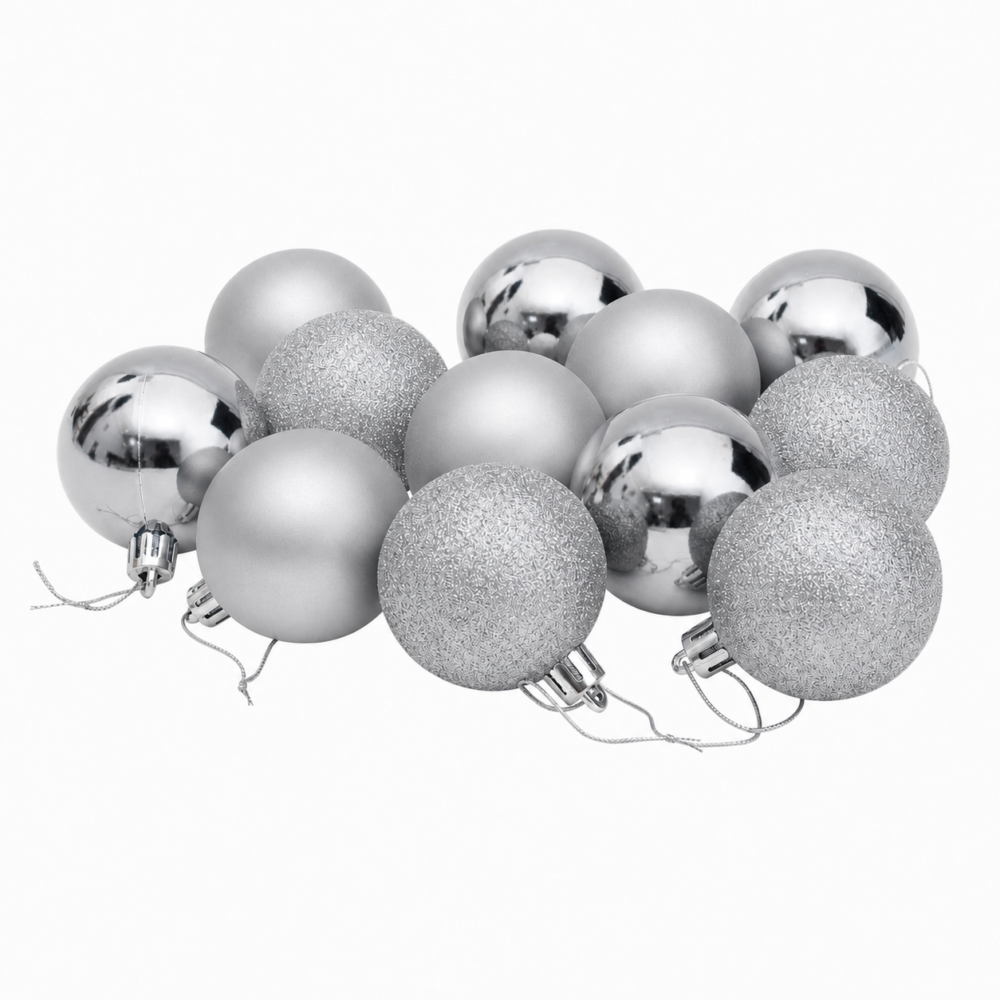 Sparkling Silver Shatterproof Christmas Bauble Ornaments (18 cm - Pack of 10)