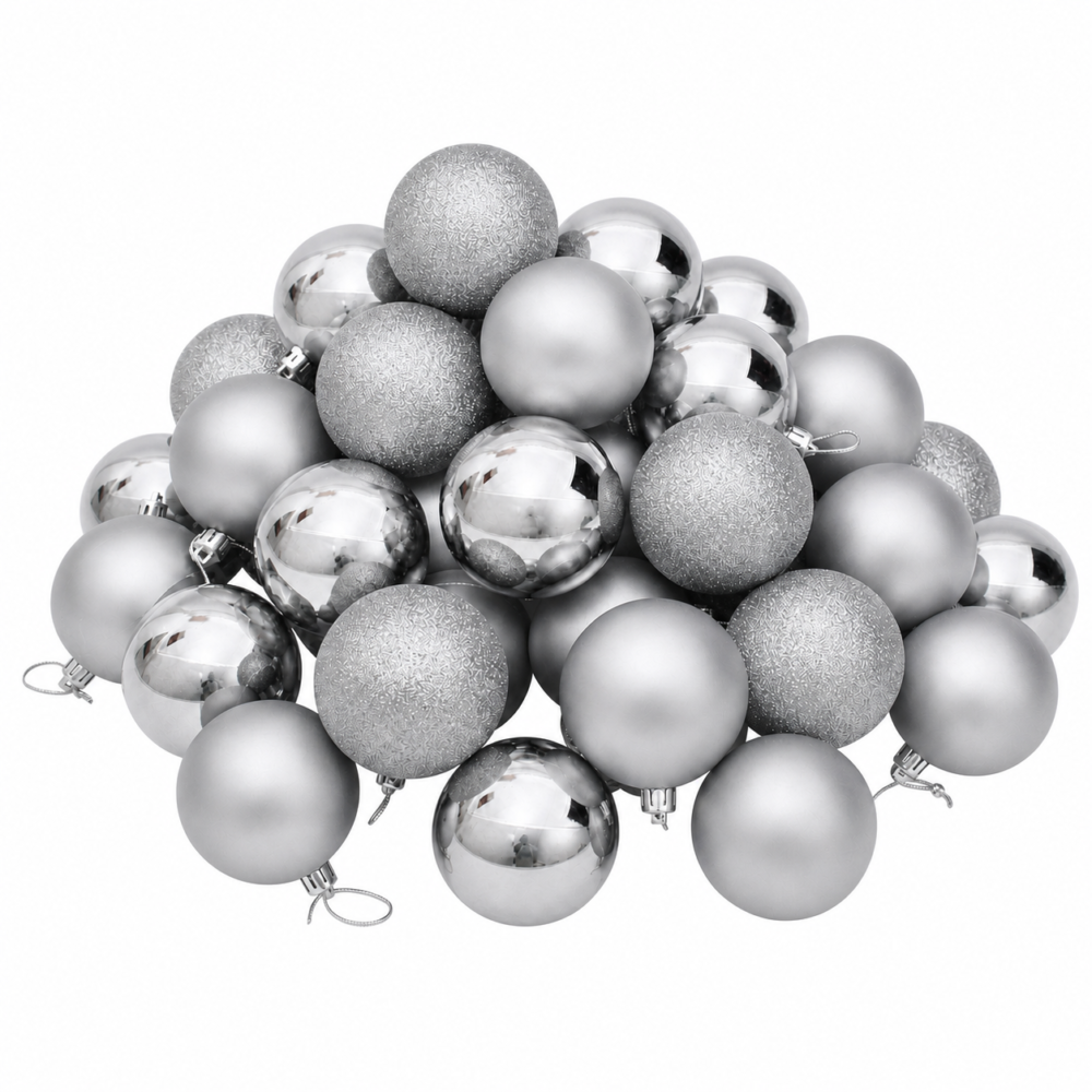 Product Name: Sparkling Silver Shatterproof Christmas Bauble Ornaments (15 cm - Pack of 30)