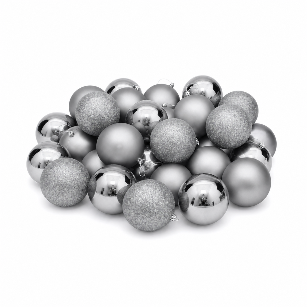 Sparkling Silver Shatterproof Christmas Bauble Ornaments (25 cm - Pack of 25)