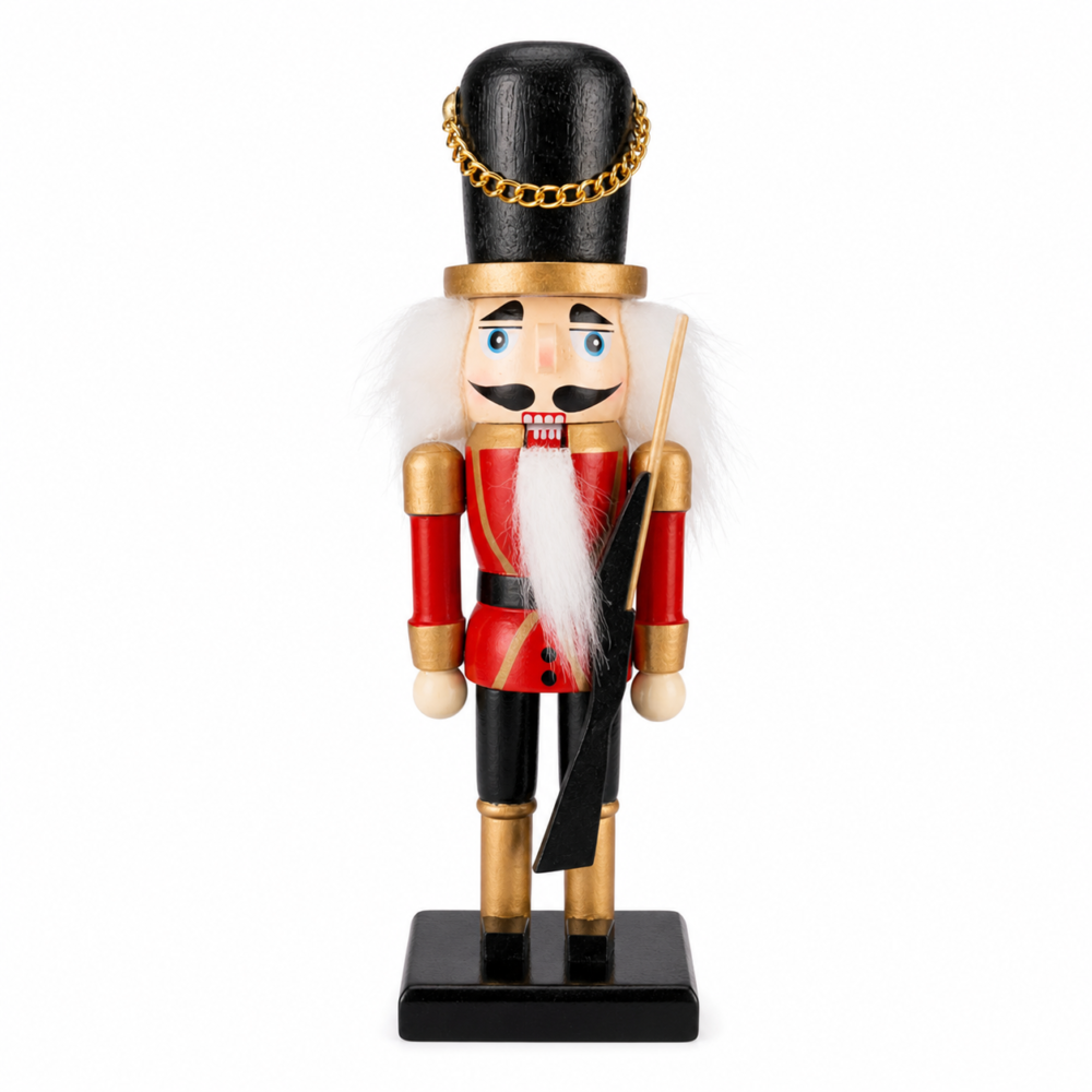 Classic Wooden Soldier Nutcracker Figurine with Rifle (16 cm - Red & Black Guard)