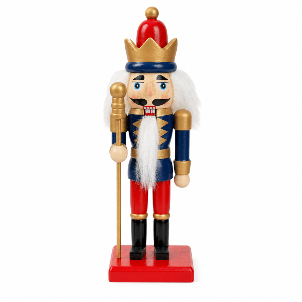Classic Wooden King Nutcracker Figurine with Scepter (16 cm - Royal Blue & Red)