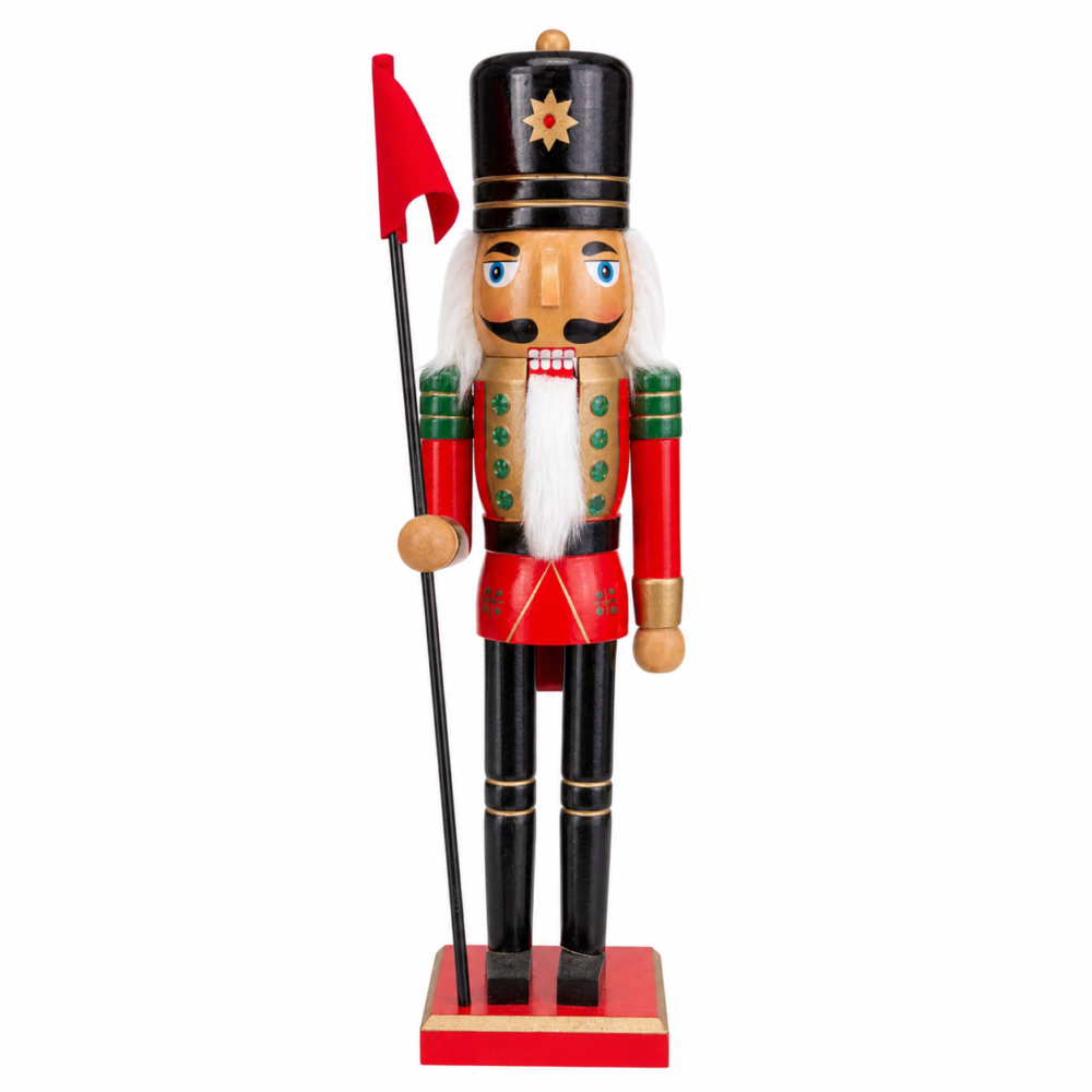 Grand Wooden Soldier Nutcracker Figurine with Red Flag (38 cm - Red & Gold)