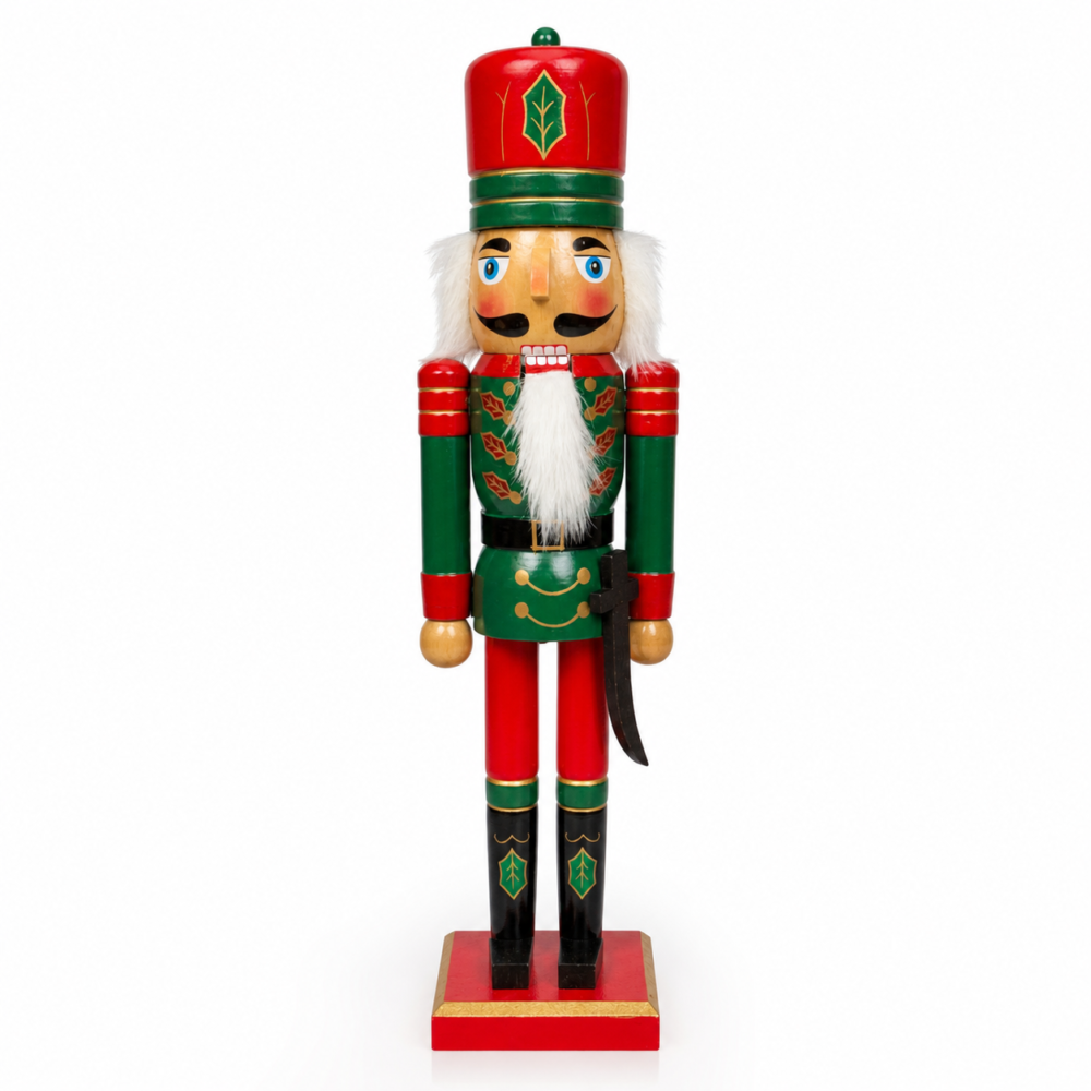 Grand Holly Leaf Wooden Soldier Nutcracker Figurine with Sword (38 cm - Green & Red)