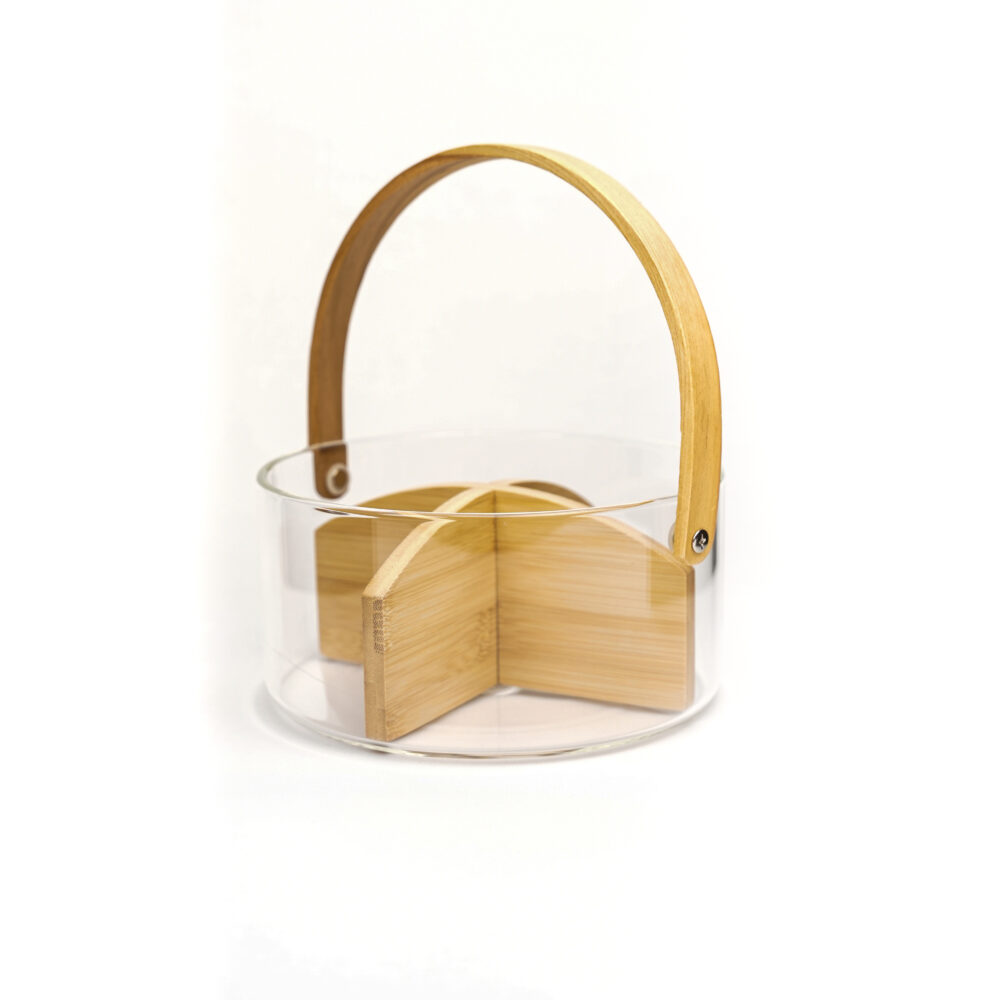Fruit Basket - Glass Base With Wooden Handle & Compartment  - Medium
