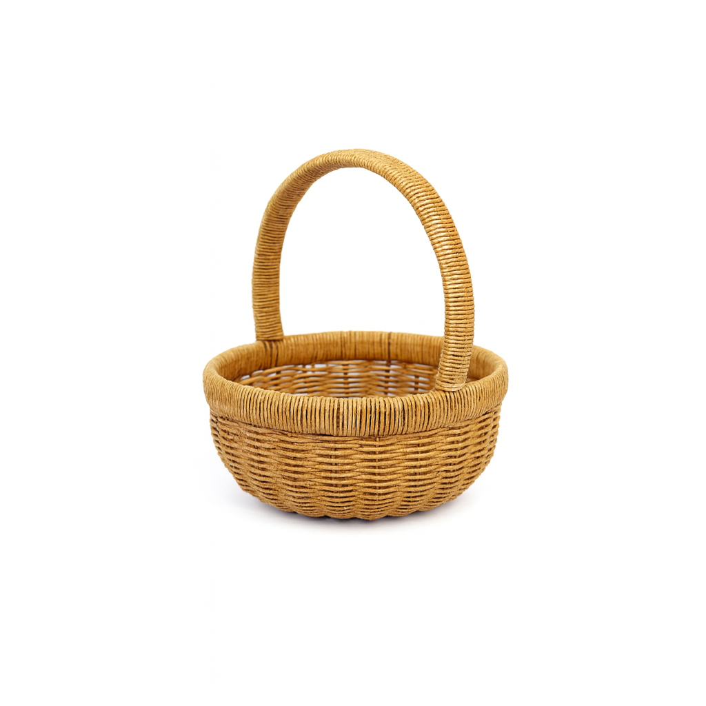 Warm Straw Brown Classic Rattan Wicker Round Carry Basket - Medium