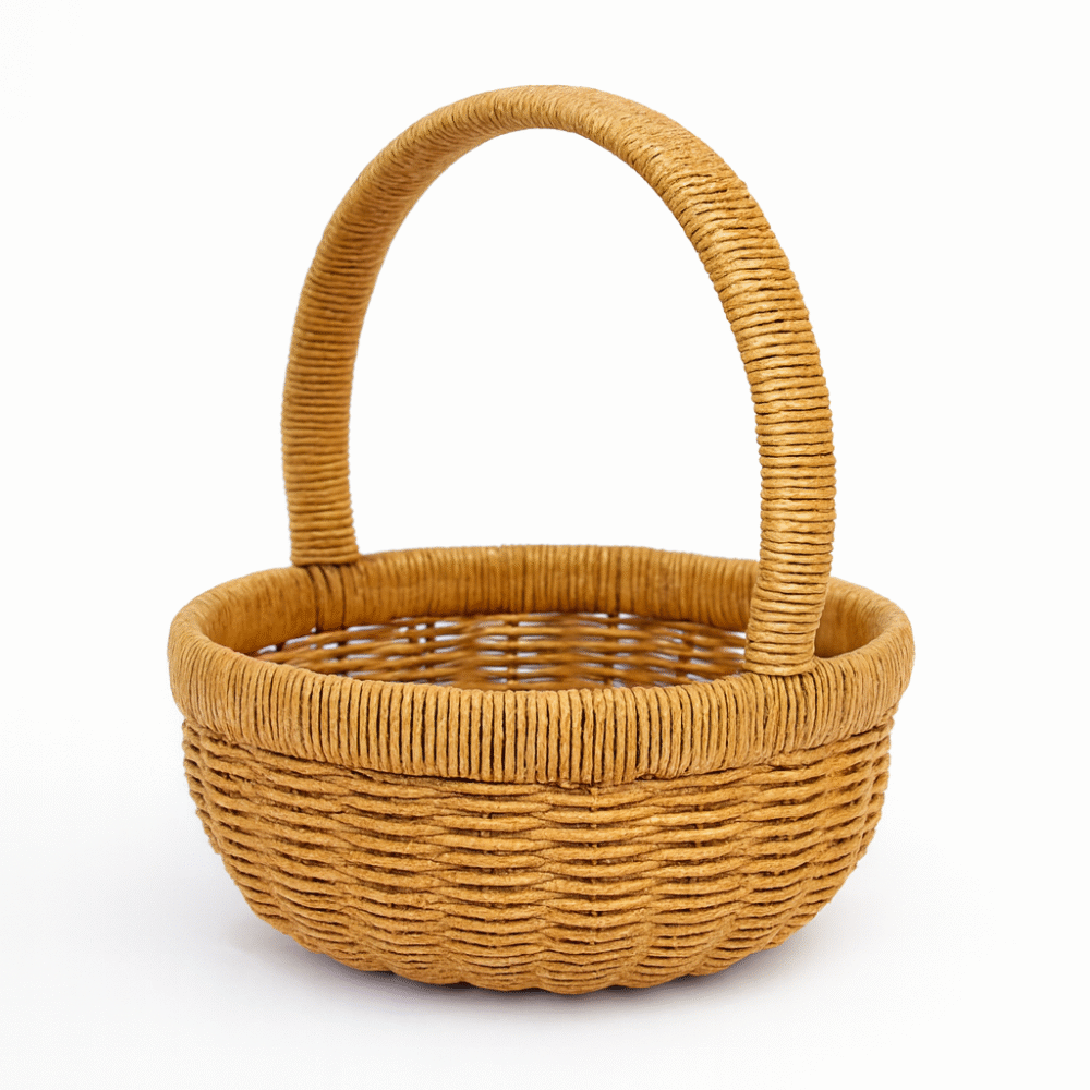 Warm Straw Brown Classic Rattan Wicker Round Carry Basket - Large