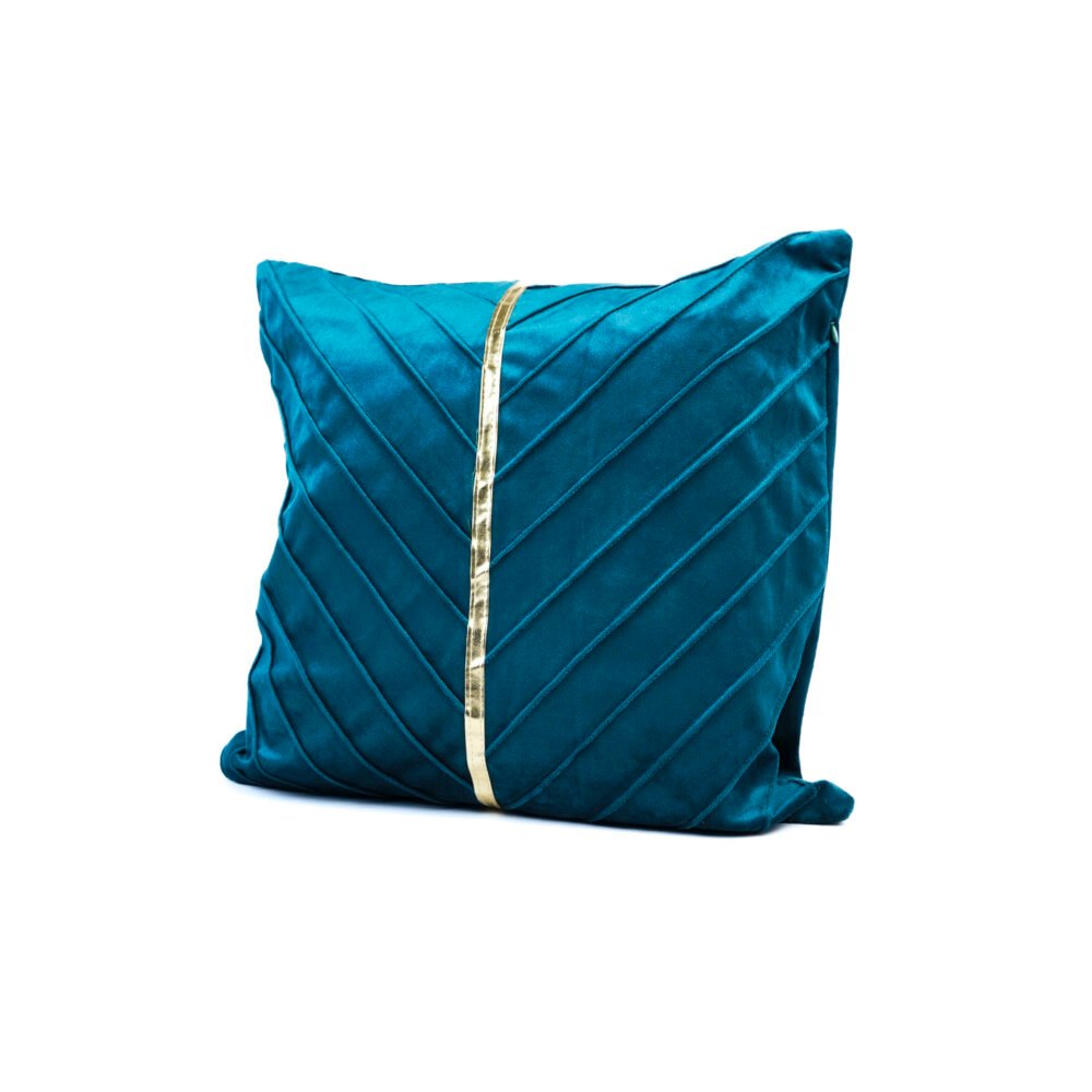 Diagonal Pleated Cushion With Gold Accent - Teal Blue