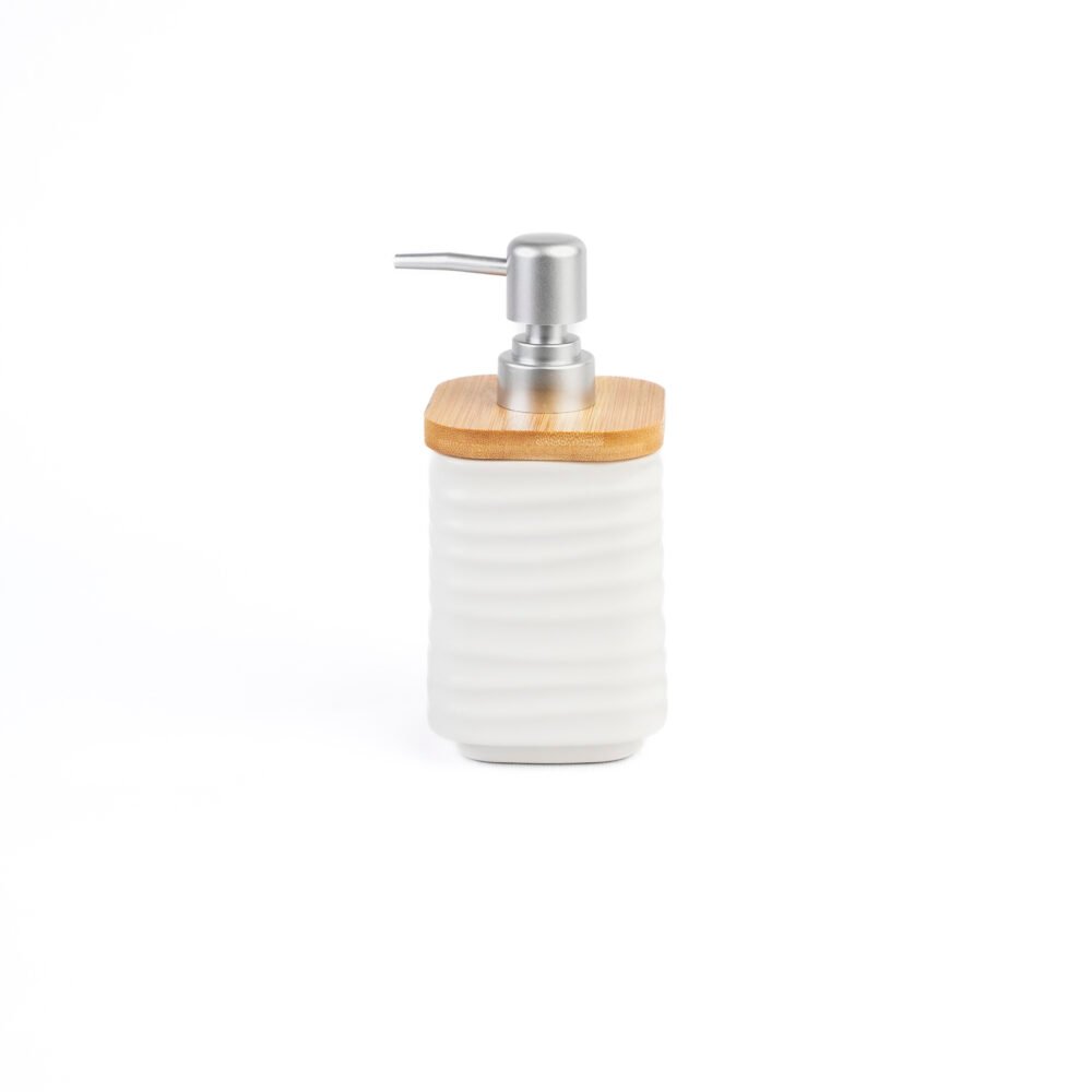 Nordic Ribbed Ceramic Soap Dispenser with Bamboo Lid - White & Silver