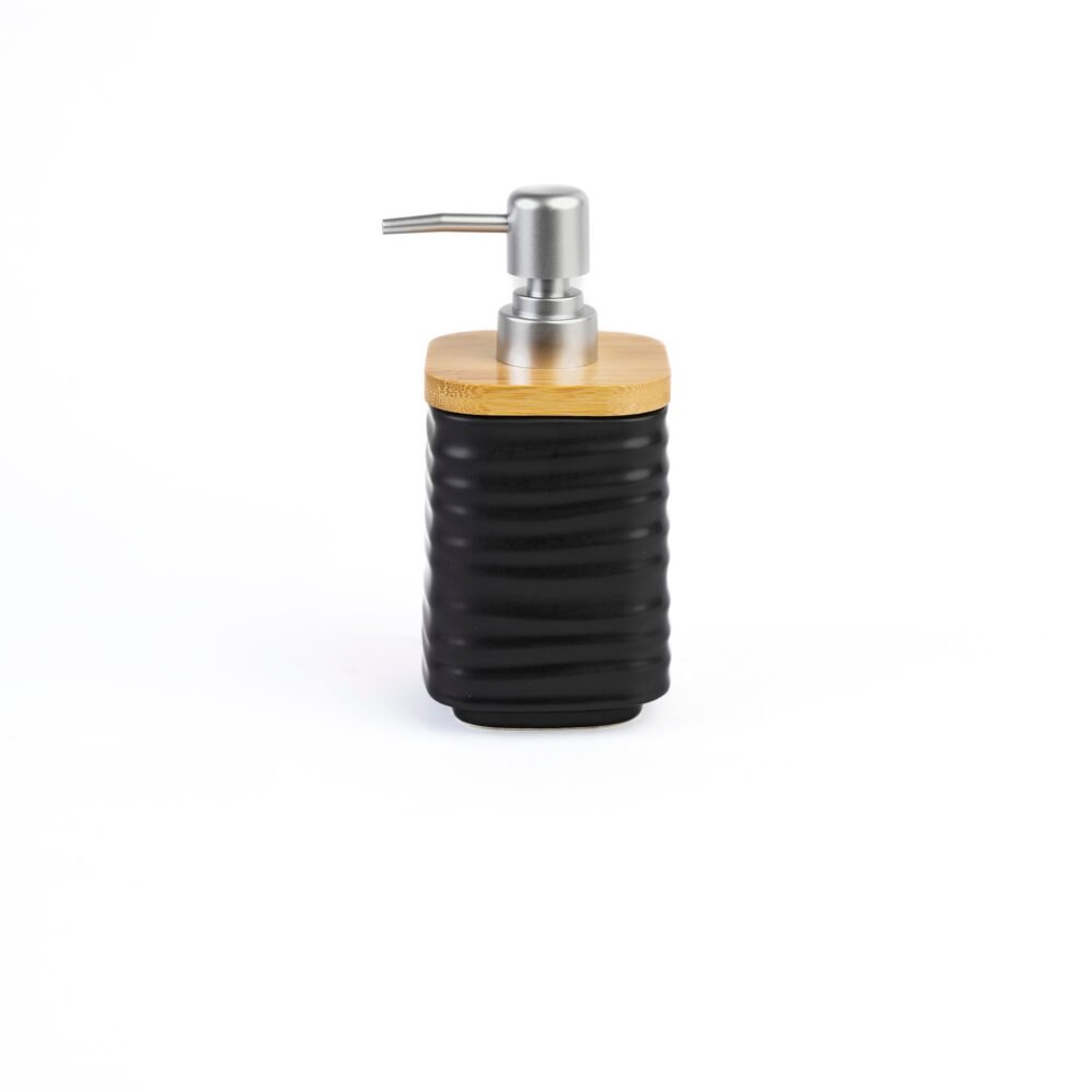 Nordic Ribbed Ceramic Soap Dispenser with Bamboo Lid - Black & Silver