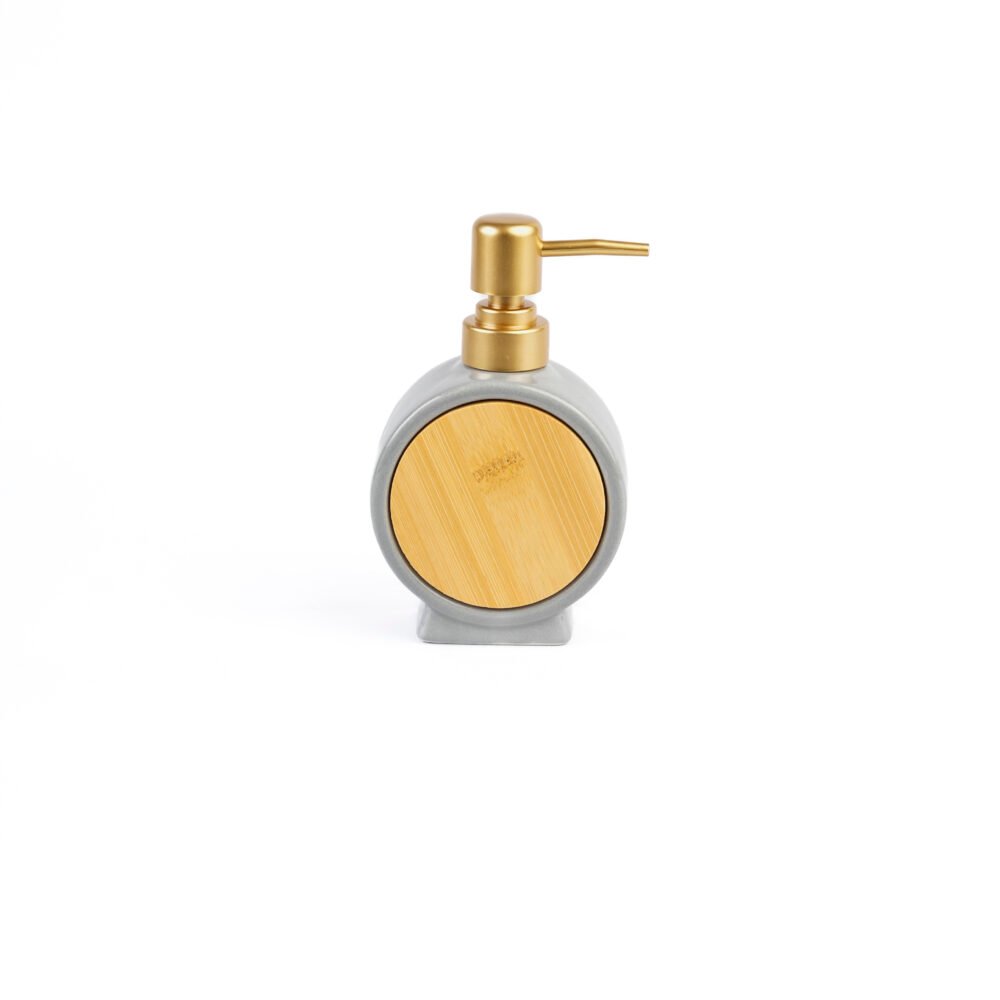 Nordic Bamboo Round Soap Dispenser – Matte Grey & Gold
