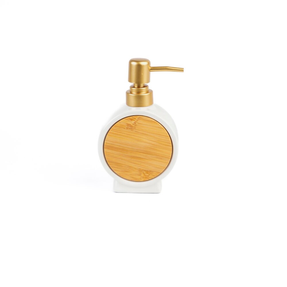 Nordic Bamboo Round Soap Dispenser – White & Gold