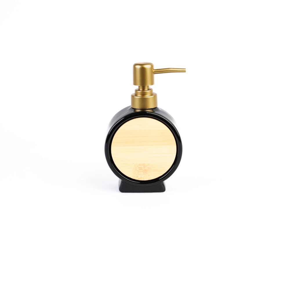 Nordic Bamboo Round Soap Dispenser – Black & Gold