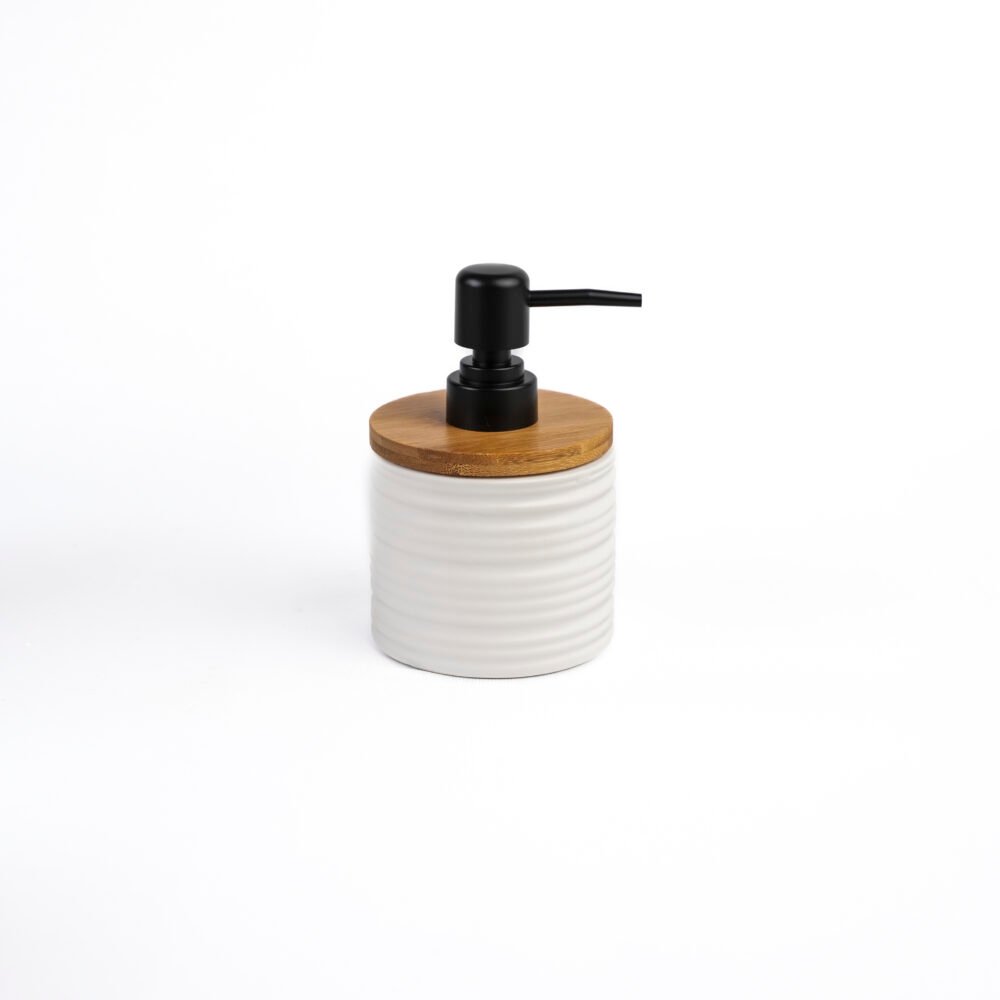 Nordic Grey Ribbed Ceramic Soap Dispenser with Bamboo Lid - Round & Black