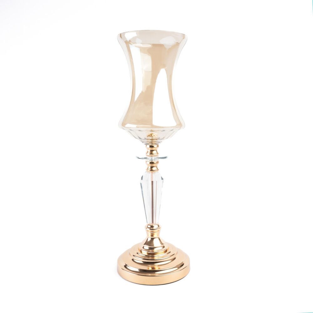 Tall Polished Gold Candle Holder With Tapered Crystal Stem & Amber Curved Hurricane Glass Shade (S)