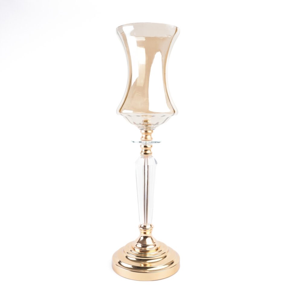 Tall Polished Gold Candle Holder With Tapered Crystal Stem & Amber Curved Hurricane Glass Shade (L)