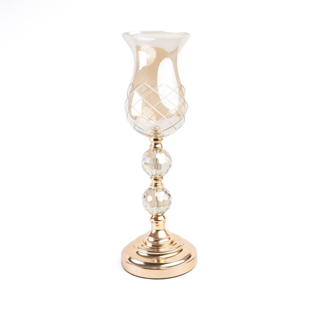 Gold & Crystal Sphere Pedestal Hurricane Candle Holder With Lattice-Etched Amber Glass (L)