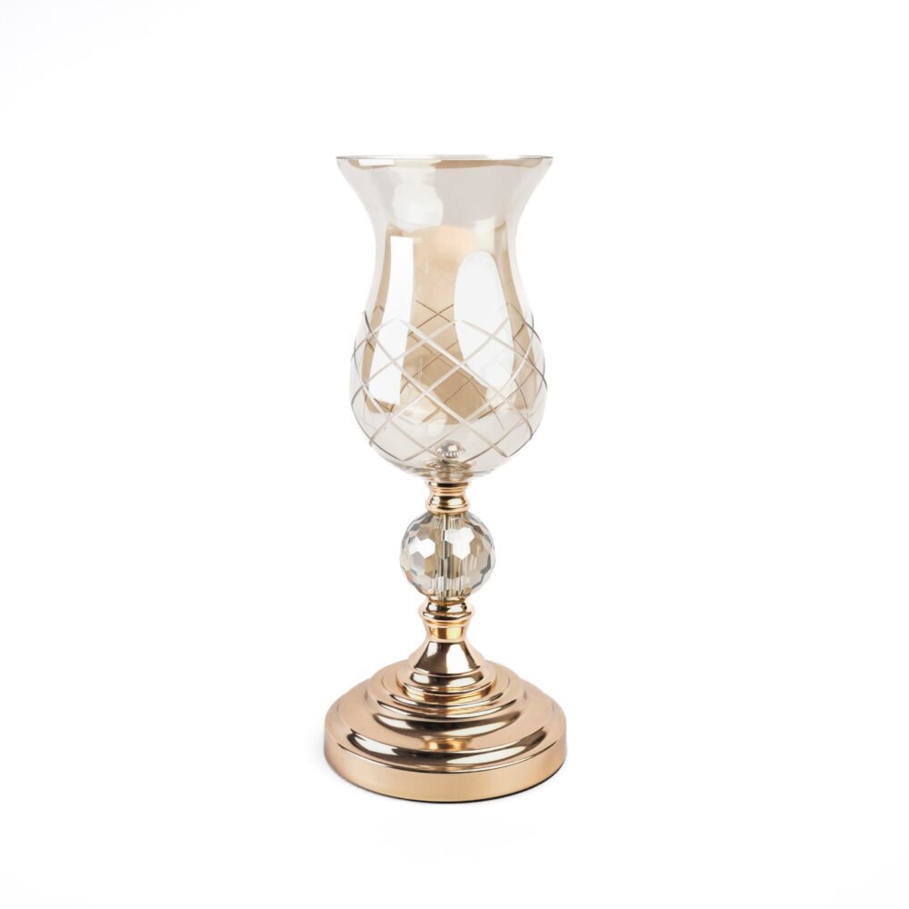 Gold & Crystal Sphere Pedestal Hurricane Candle Holder With Lattice-Etched Amber Glass (S)