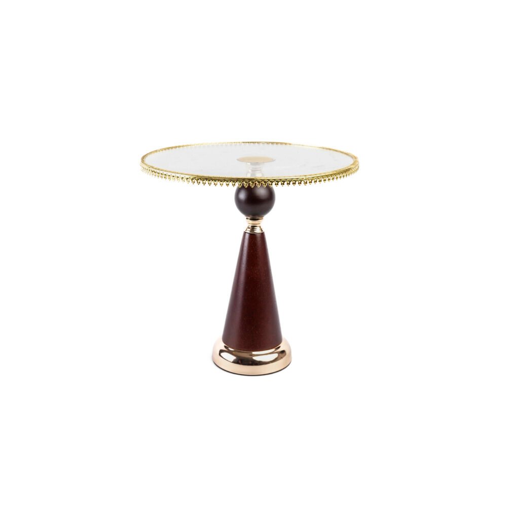 Elegant Wooden Pedestal Cake Stand with Glass Plate & Gold Accents