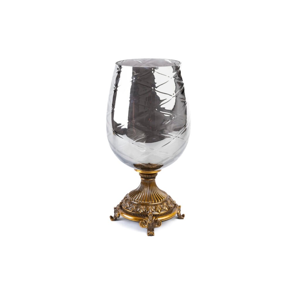 Antique Brass Baroque Footed Pedestal Candle Holder With Diamond Etched Smoked Glass Vessel