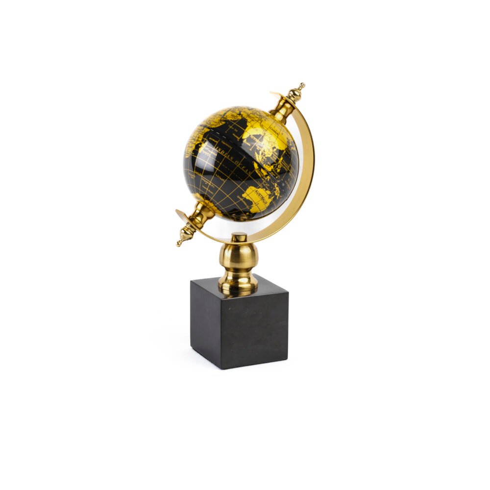 Spinning Black & Gold Desktop World Globe - Brass Semi-Meridian Arc & Black Cube Base