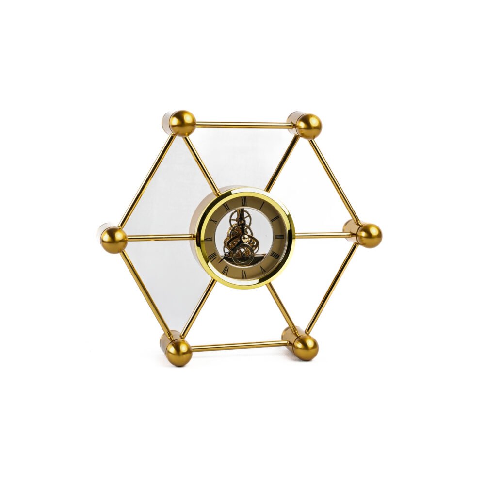 Geometric Brass Hexagon Skeleton Mantel Clock
