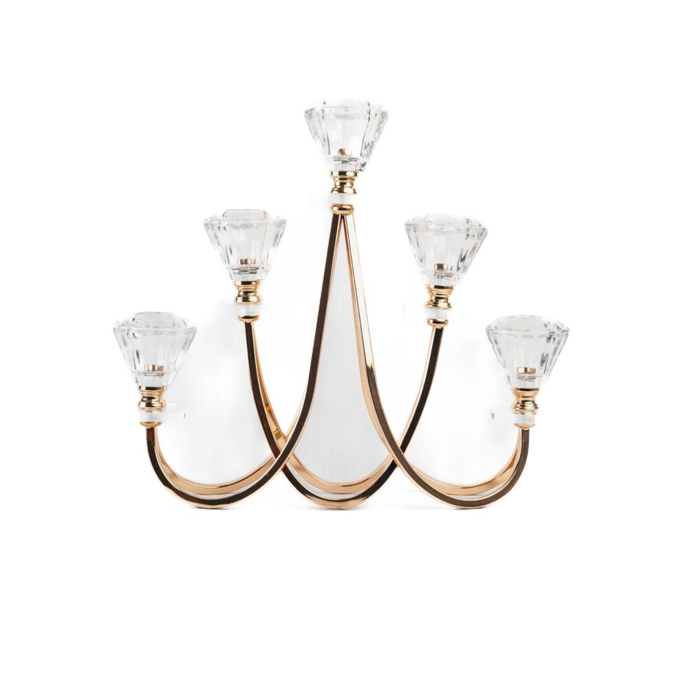 5-Light Curved Gold Metal Candelabra With Cut-Crystal Faceted Votive Cups