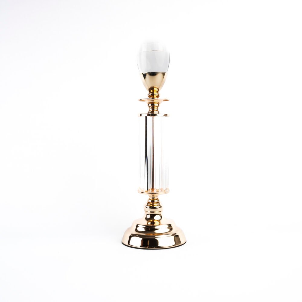 Ornate Gold Metal Candle Holder With Fluted Crystal Pillar Stem & Glass Globe Shade (Medium)