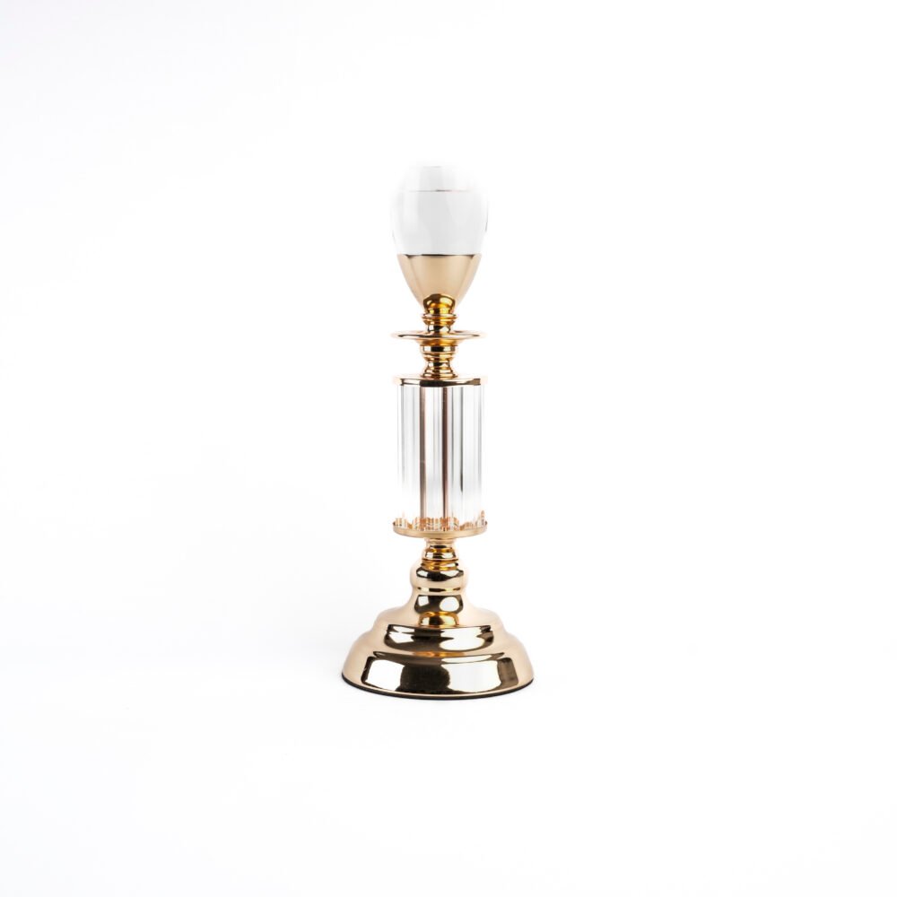 Ornate Gold Metal Candle Holder With Fluted Crystal Pillar Stem & Glass Globe Shade (Small)