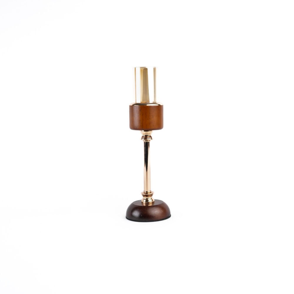 Mid-Century Modern Wooden & Gold Hurricane Candle Holder - Amber Glass Sleeve (Medium)