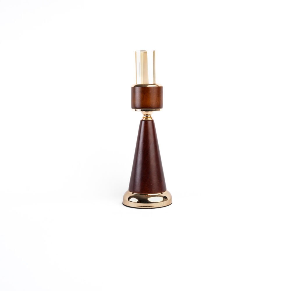 Tall Mid-Century Modern Wooden & Gold Pedestal Candle Holder - Amber Glass Sleeve (Small)