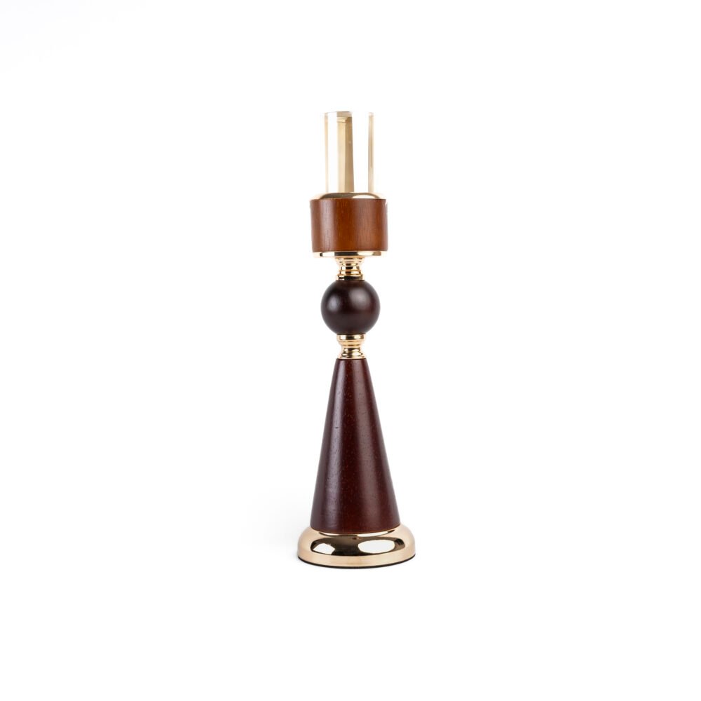 Tall Mid-Century Modern Wooden & Gold Pedestal Candle Holder - Amber Glass Sleeve (Medium)