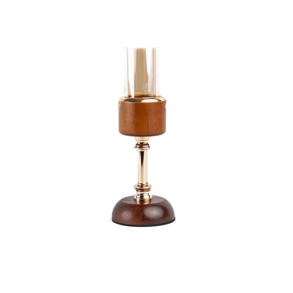 Mid-Century Modern Wooden & Gold Hurricane Candle Holder - Amber Glass Sleeve (Small)