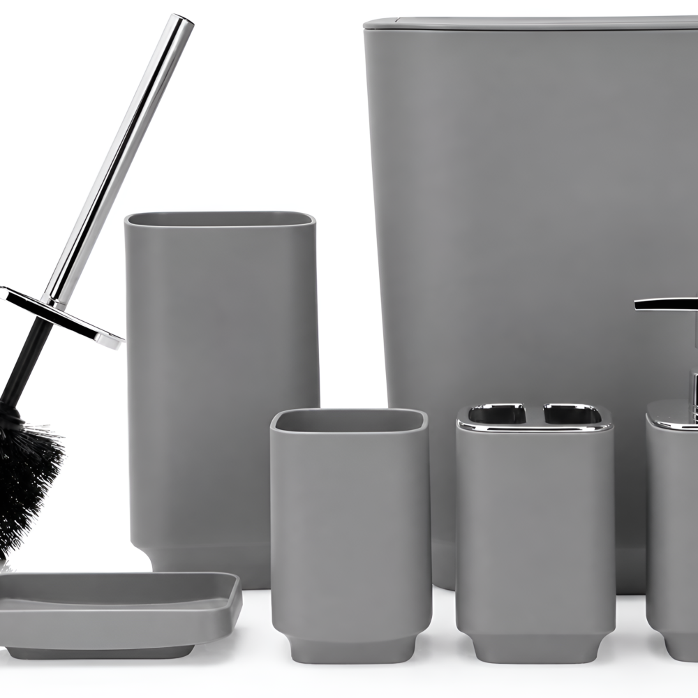 6-Piece Luxury Modern Bathroom Set – Plastic Soap Dispenser, Toothbrush Holder & Full Essentials - Dark Gray