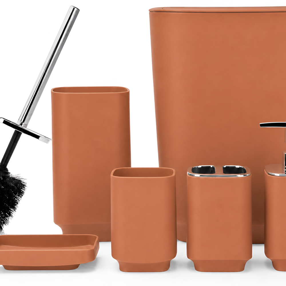 6-Piece Luxury Modern Bathroom Set – Plastic Soap Dispenser, Toothbrush Holder & Full Essentials - Terracotta