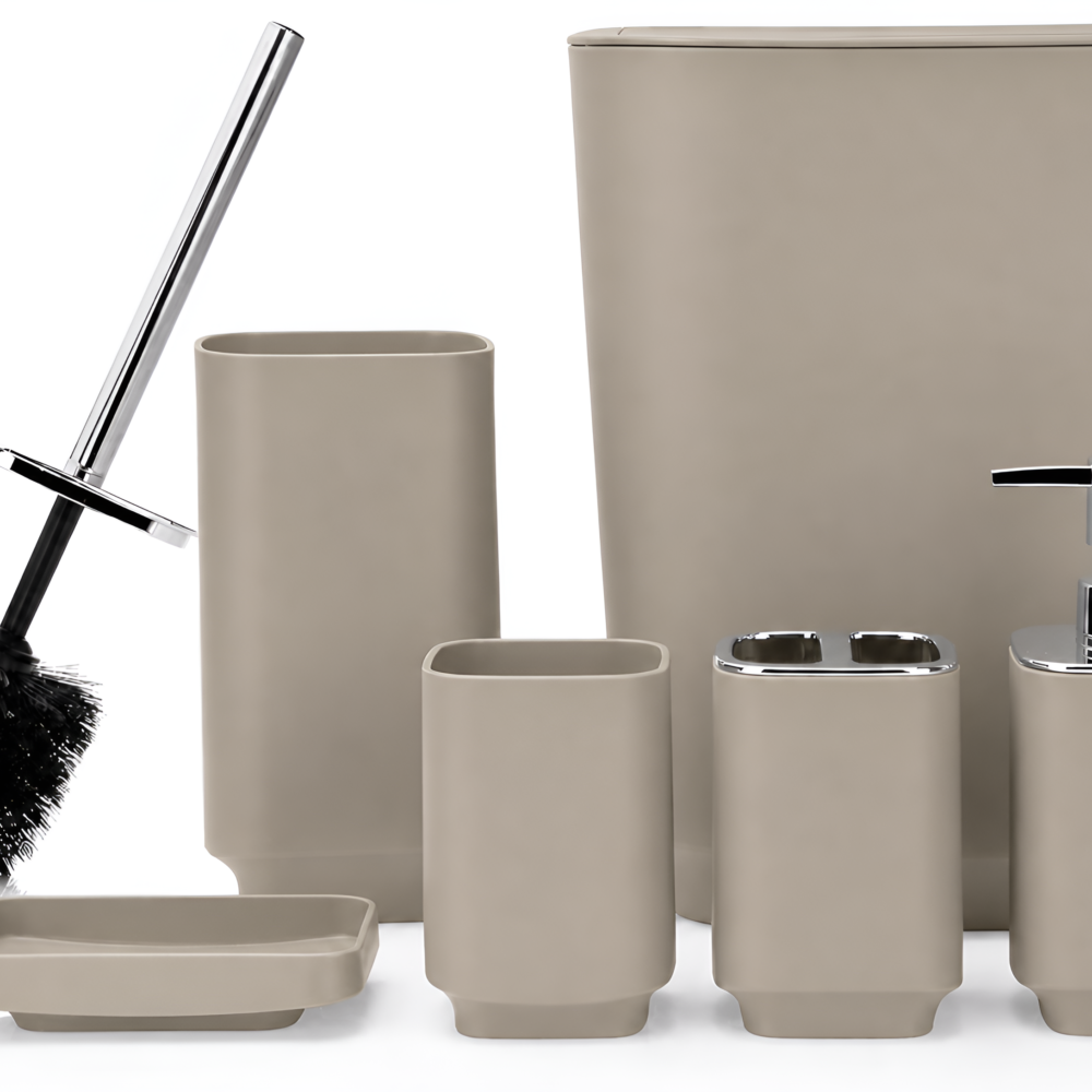 6-Piece Luxury Modern Bathroom Set – Plastic Soap Dispenser, Toothbrush Holder & Full Essentials - Taupe