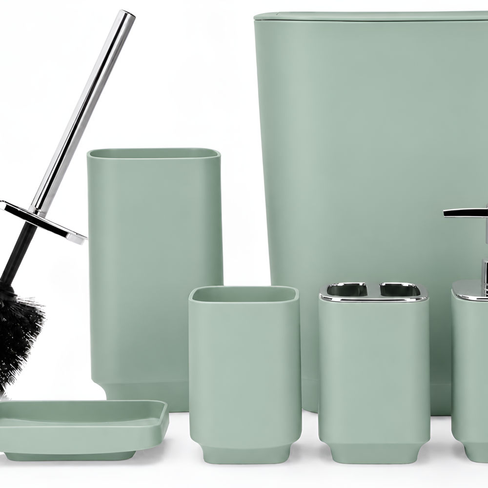 6-Piece Luxury Modern Bathroom Set – Plastic Soap Dispenser, Toothbrush Holder & Full Essentials - Sage Green