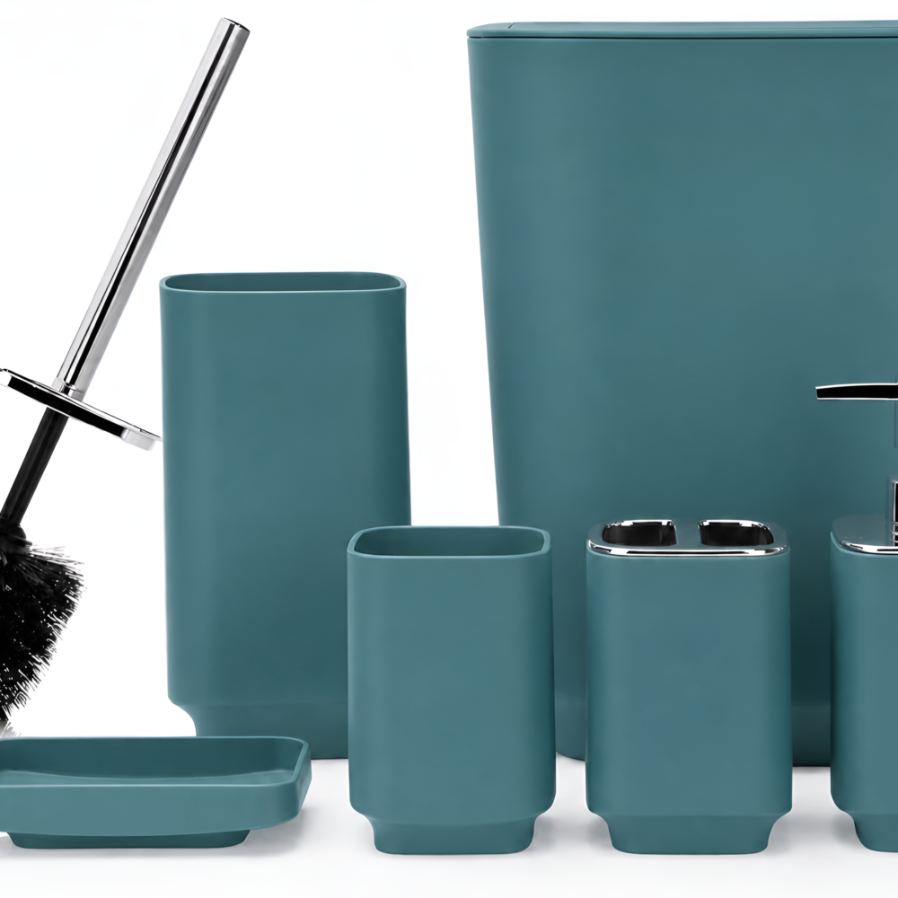 6-Piece Luxury Modern Bathroom Set – Plastic Soap Dispenser, Toothbrush Holder & Full Essentials - Teal