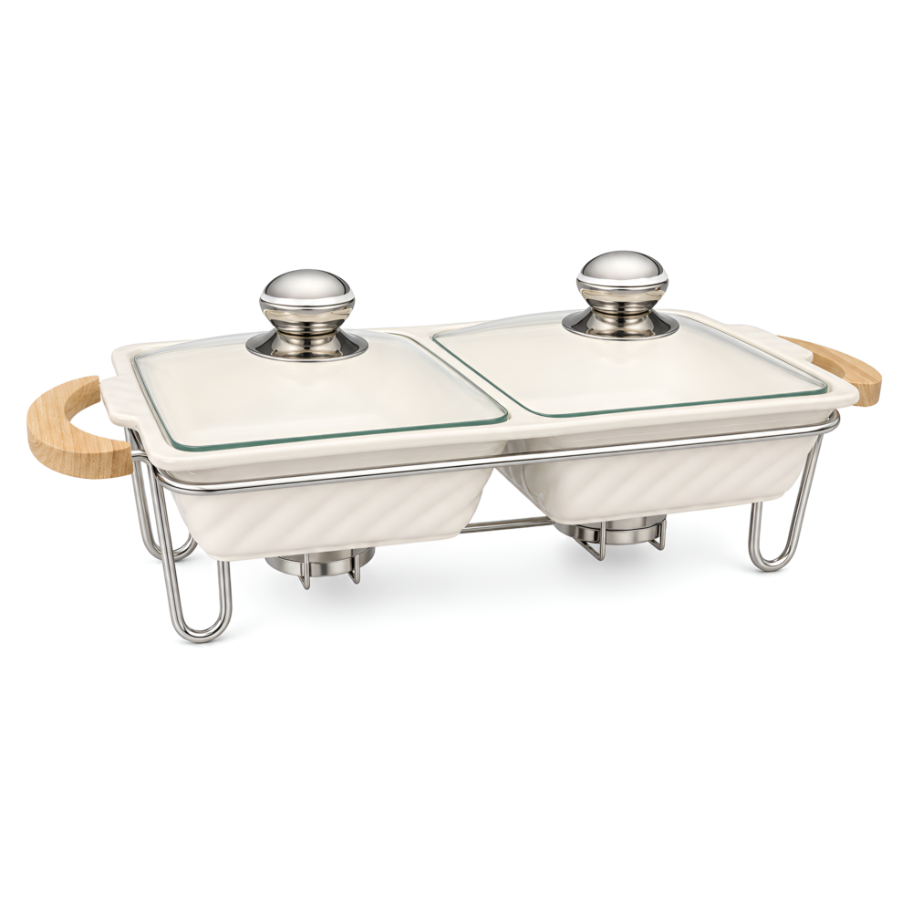 Elegant Dual Ceramic Chafing Dish Set with Glass Lids & Wooden Handles