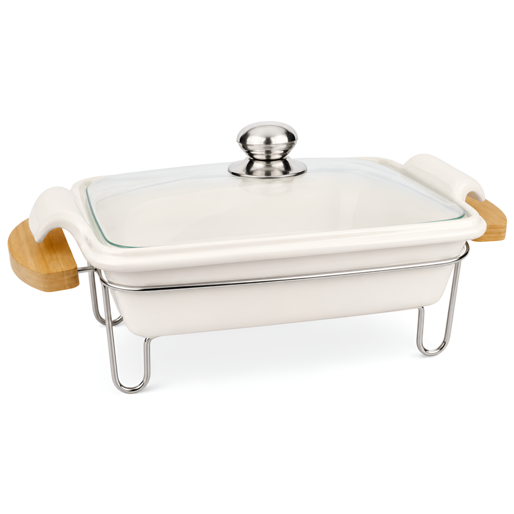 Elegant Rectangular Ceramic Chafing Dish with Glass Lid & Wooden Handles