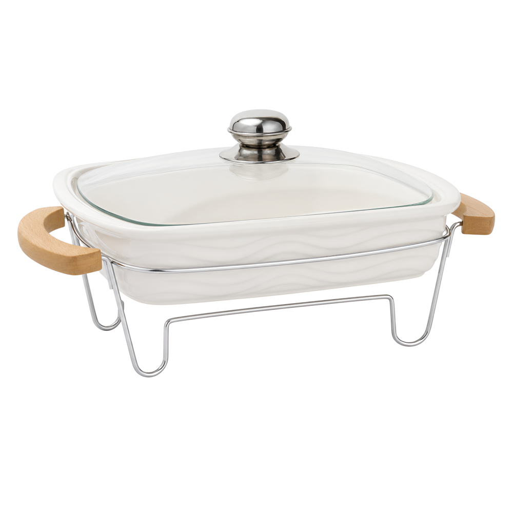 Elegant Square Ceramic Chafing Dish with Glass Lid & Wooden Handles