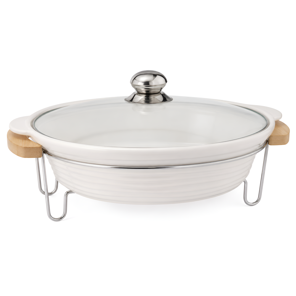 Elegant Round Ceramic Chafing Dish with Glass Lid & Wooden Handles