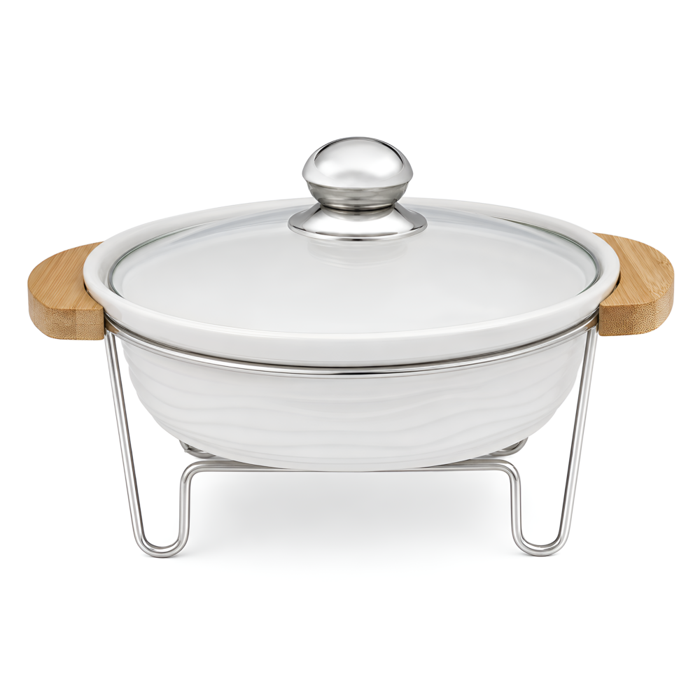 Compact Round Ceramic Chafing Dish with Glass Lid & Wooden Handles