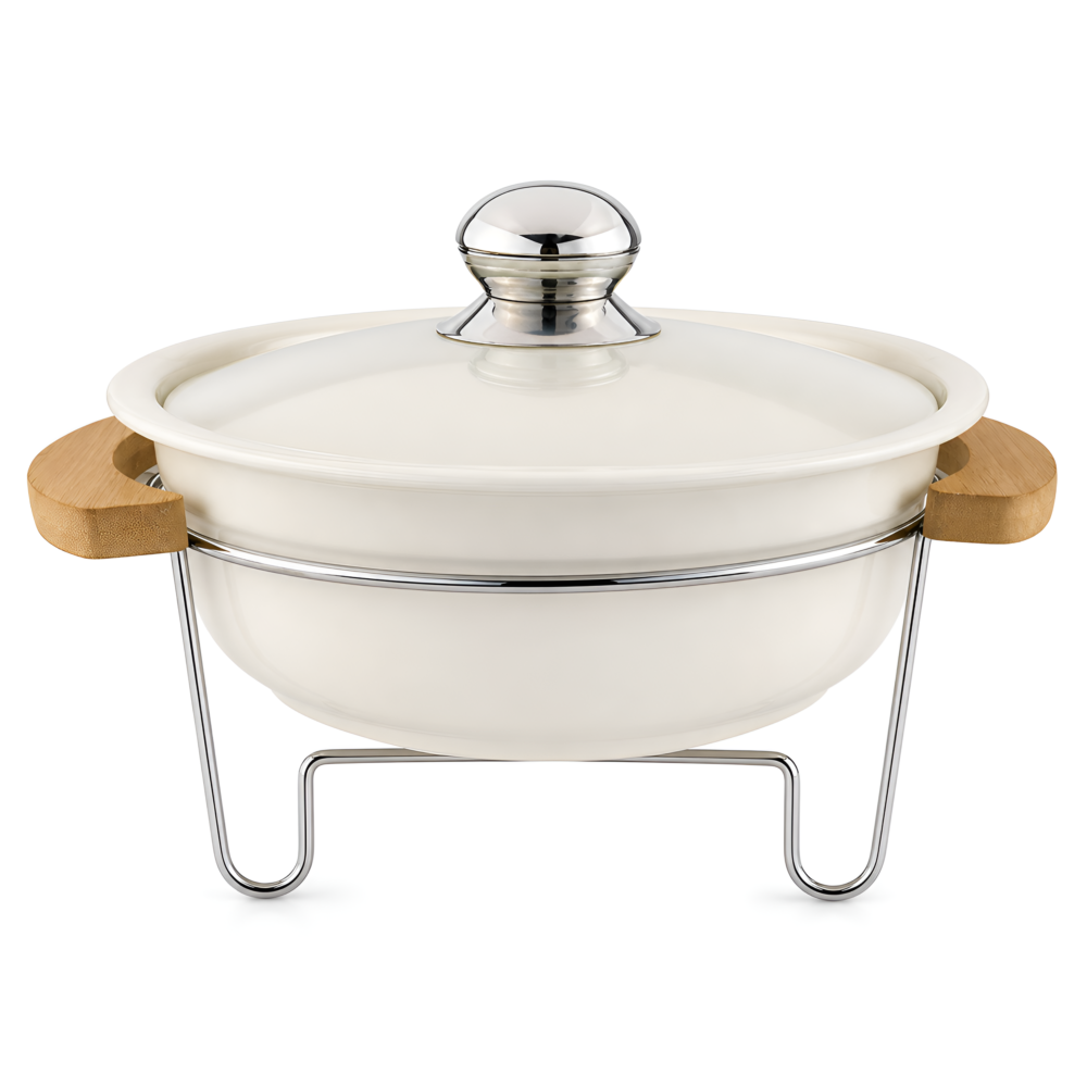 Classic Smooth Round Ceramic Chafing Dish with Glass Lid & Wooden Handles