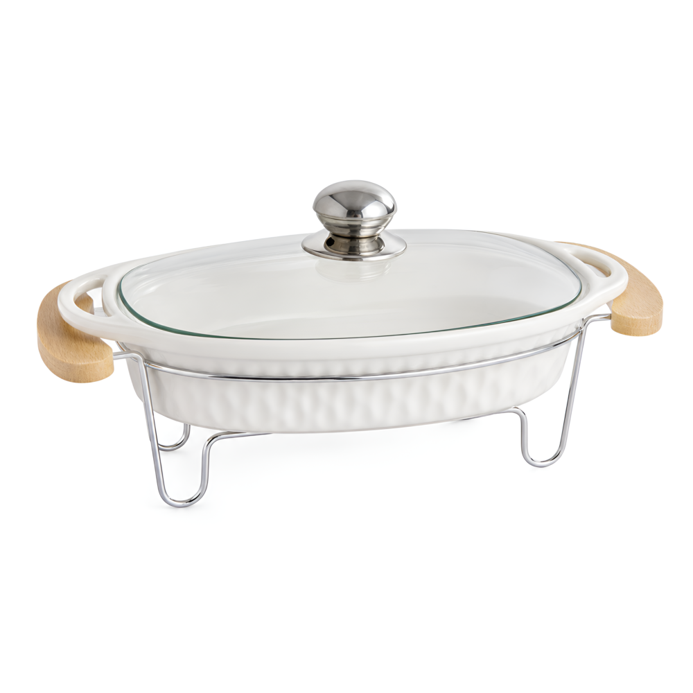 Elegant Oval Ceramic Chafing Dish with Glass Lid & Wooden Handles Large