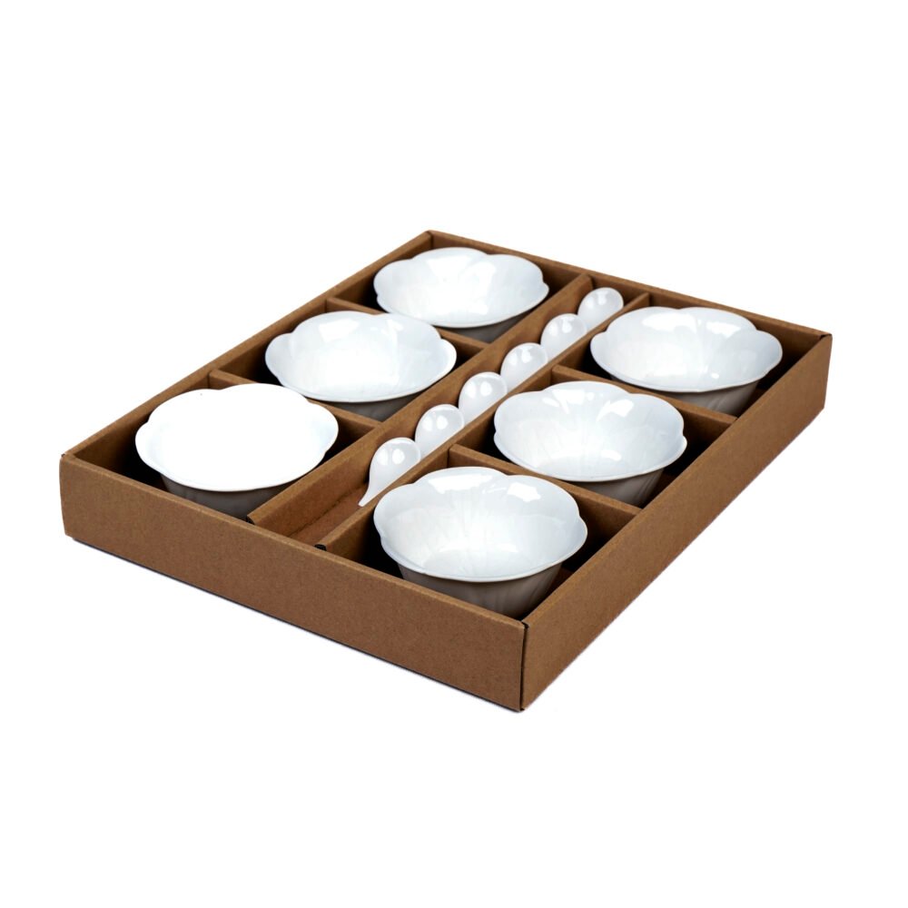 Lotus Petal Ceramic Tasting Bowls with Spoons - Set Of 6