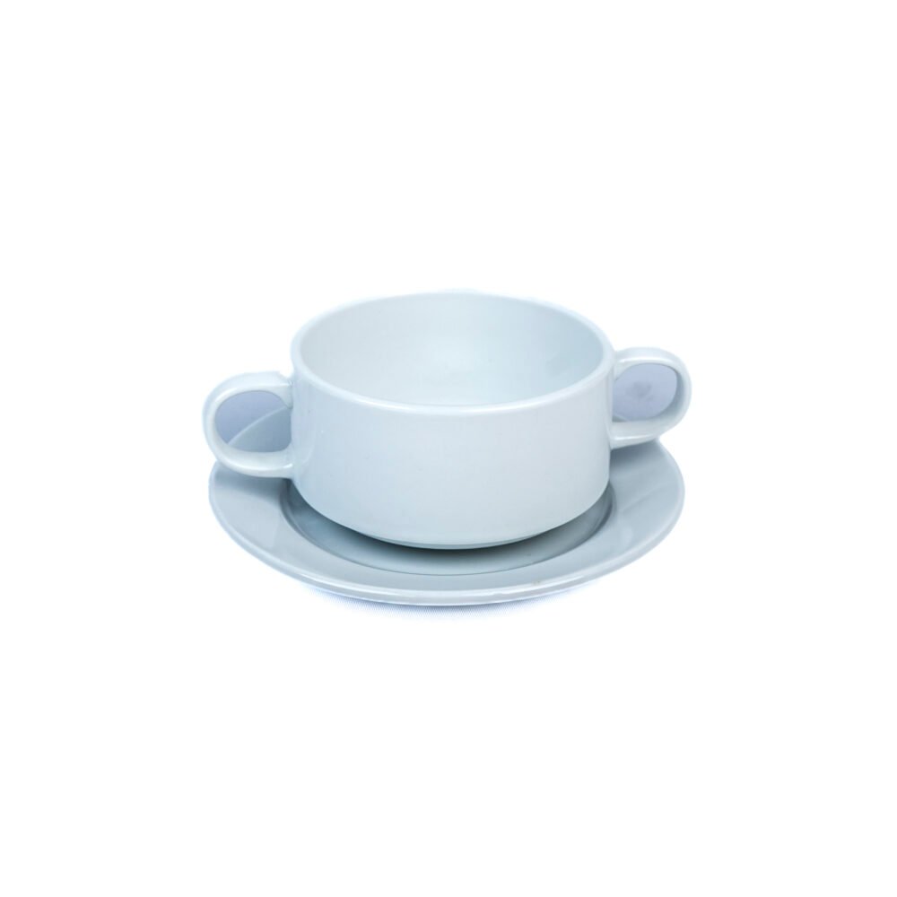 Double-Handled Ceramic Soup Bowl with Matching Saucer Set