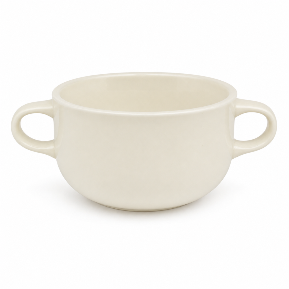 Double-Handled Round Ceramic Soup Bowl / Bouillon Cup - Off-White / Cream