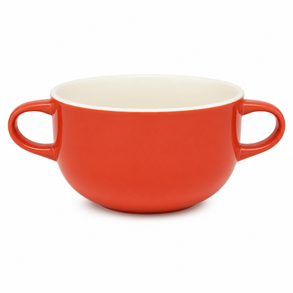 Double-Handled Round Ceramic Soup Bowl / Bouillon Cup - Vibrant Red