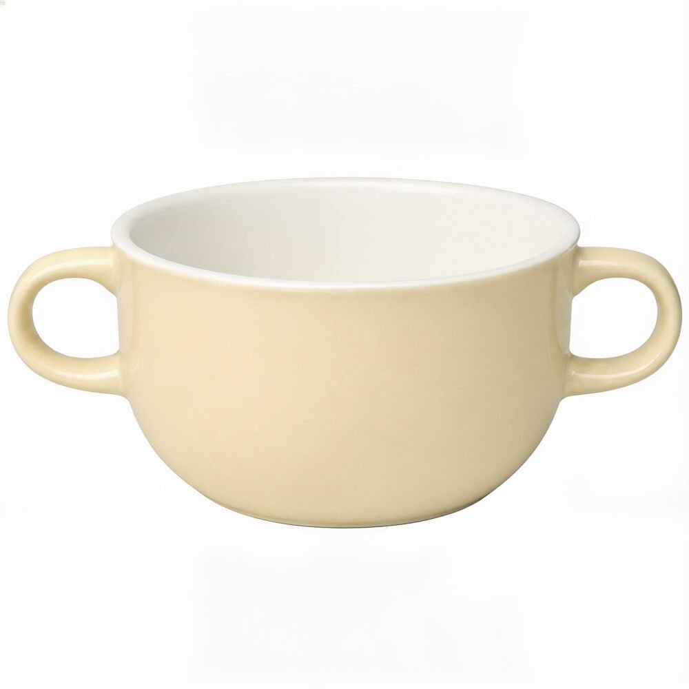 Double-Handled Round Ceramic Soup Bowl / Bouillon Cup - Soft Yellow / Pastel Beige